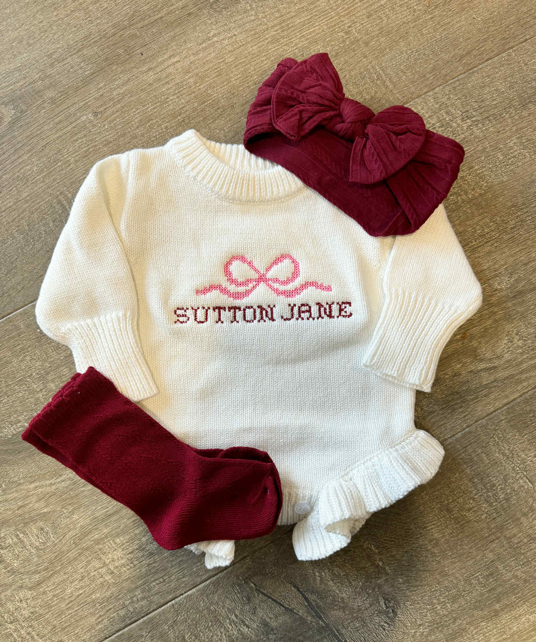Knit CrossStitch Name Bow Romper