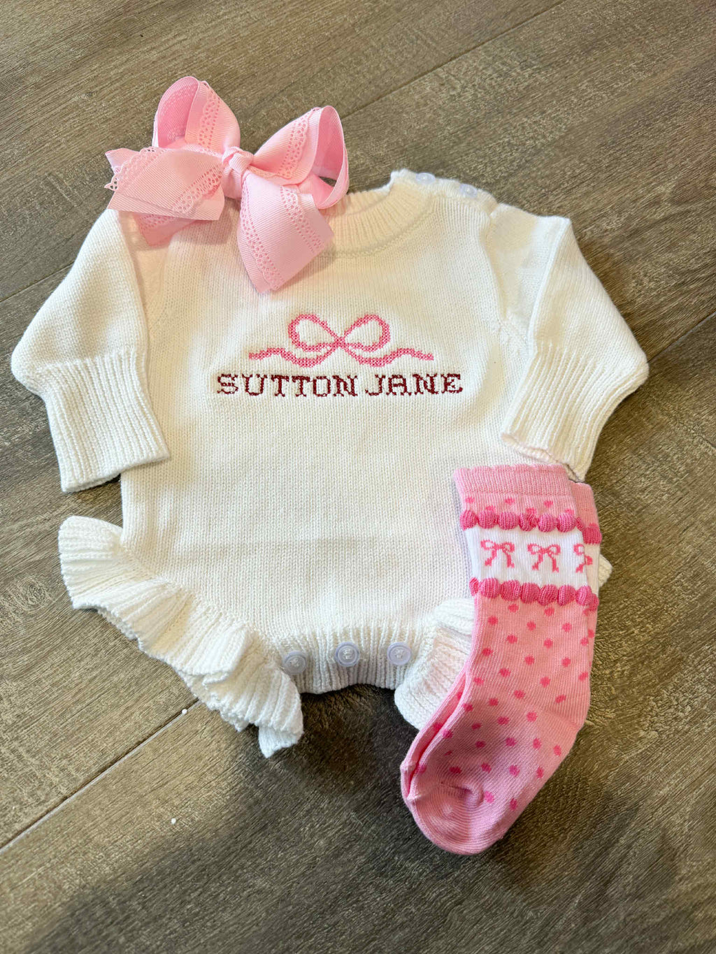 Knit CrossStitch Name Bow Romper