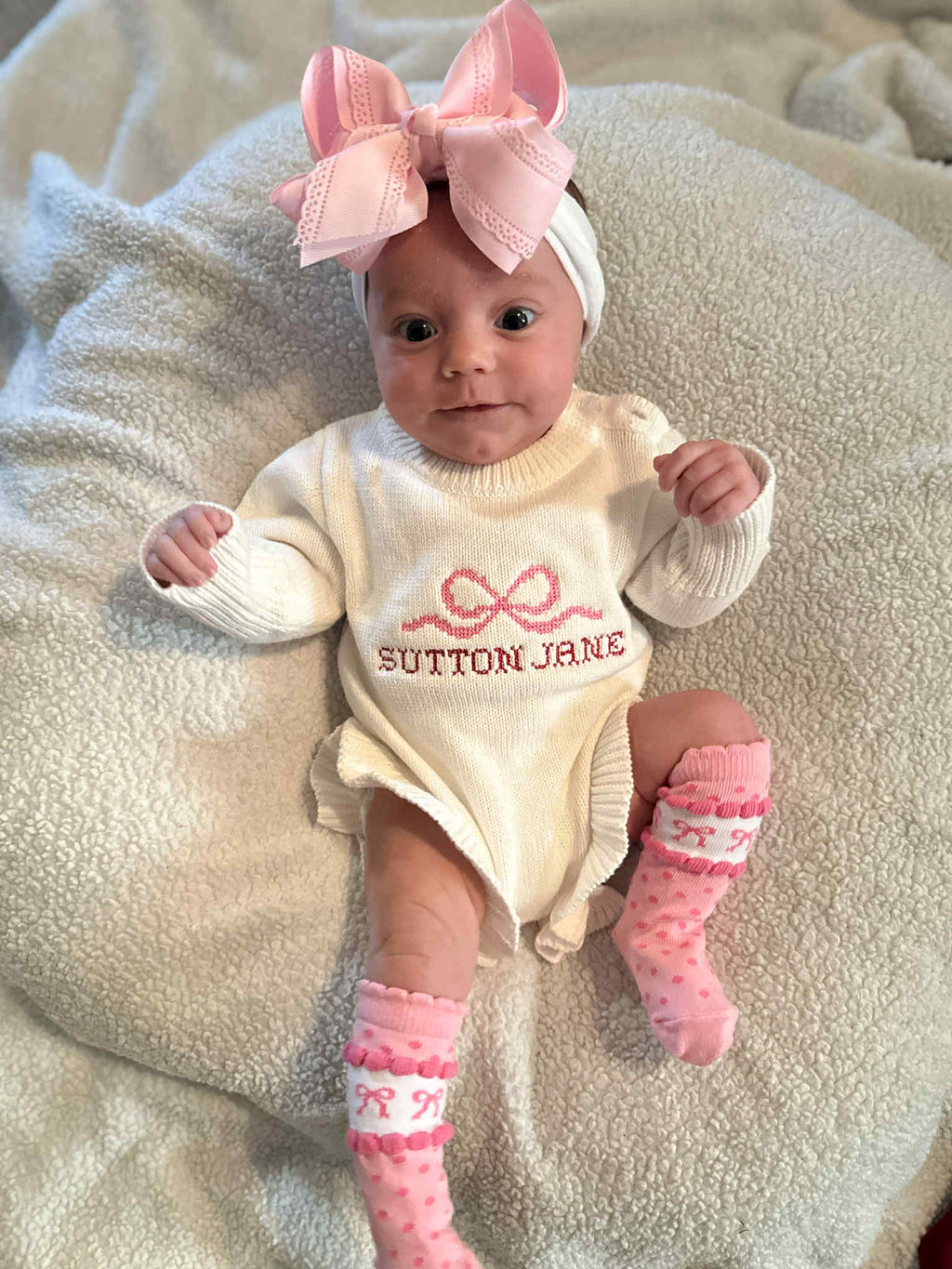 Knit CrossStitch Name Bow Romper